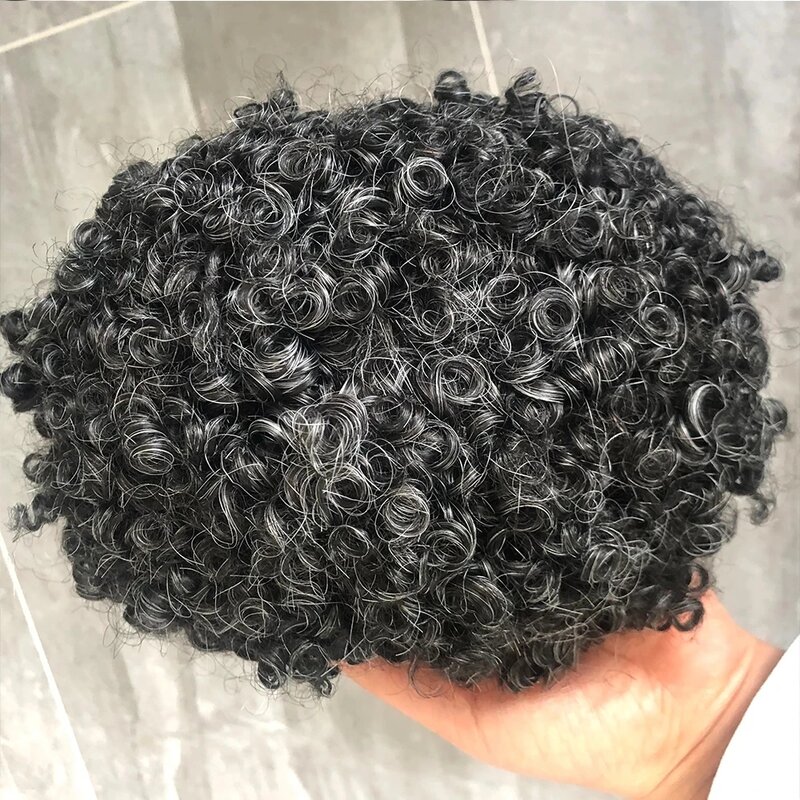Tupé de piel sintética para hombres, cabello humano Afro rizado de 15mm, 130% de densidad, reemplazo de cabello delgado de PU, prótesis capilar duradera, color negro Natural