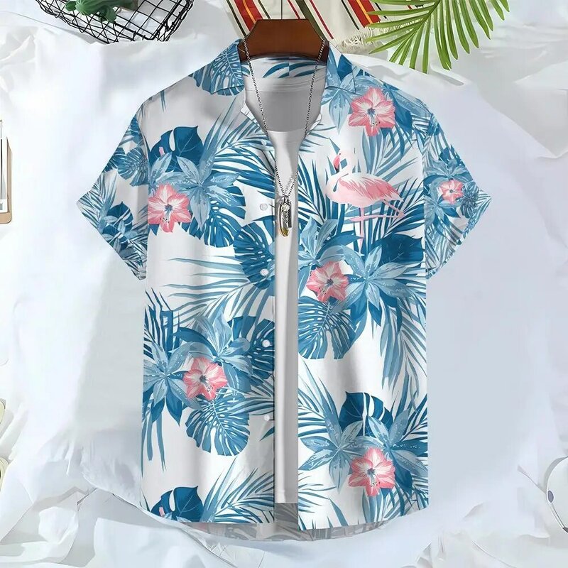 Camisa havaiana masculina com gráficos 3D estampados com plantas, botão, manga curta, streetwear de lapela, blusa, moda verão