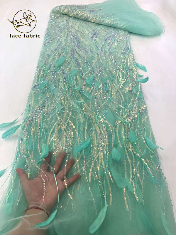 Tela de encaje africano de alta calidad, malla de lentejuelas, encaje francés de lujo, pluma 3D bordada, tela de encaje de tul para costura Asoebi, 2023