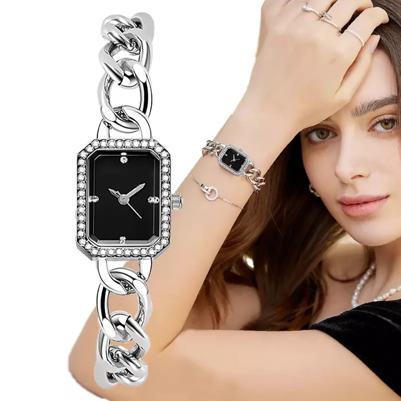 여성용 다이아몬드 스퀘어 쿼츠 시계, 스테인레스 스틸 팔찌 드레스 시계, 심플한 여성용 럭셔리 시계