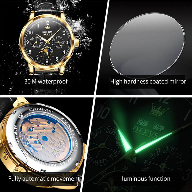 OLEVS-Relógio Mecânico Impermeável Mecânico de Luxo, Fase da Lua, Auto Data, Semana, Relógio de Mão, Pulseira de Couro, Novo