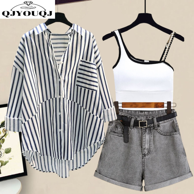 Женский комплект из трех предметов, стильная полосатая Солнцезащитная рубашка, универсальные облегающие джинсовые шорты с подтяжками для весны и лета