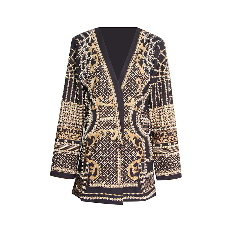 여성용 브이넥 긴팔 코트, 프렌치 레트로 버블 비즈 재킷, 두꺼운 중간 길이 세트 코트, 패션 2024 신상
