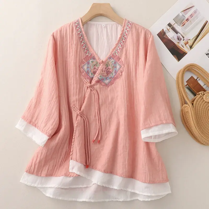 قميص صيفي نسائي على الطراز الصيني ، بلوزات عتيقة مطرزة ، توبات نسائية فضفاضة ، كتان قطني ، ملابس عصرية برقبة V