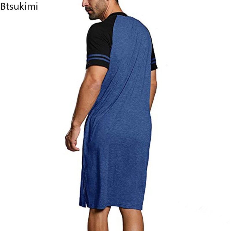 Новая модель, пижамные халаты, Мужская домашняя одежда с коротким рукавом и цветными блоками, модная свободная комфортная одежда для сна с круглым вырезом, мужские халаты для отдыха