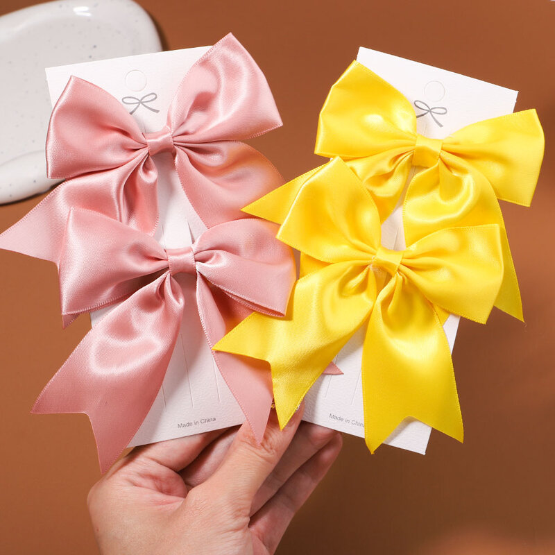2Pcs/set Delicate Ribbon Cheer Bows Hair Clip for Kids Solid Color Hairpins Barrettes Handmade Headwear Girl Hair Accessories