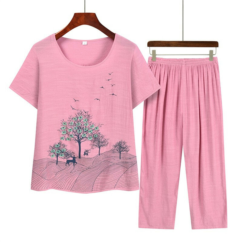 Conjunto de pijama estampado com flores de algodão feminino, pijamas femininos, pijamas soltos, calças largas de verão, novo, 2 peças