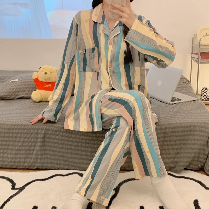 Grote Size Huishouden Kleding En Najaar Katoen Zoals Vest Pak Revers Lange Mouwen Pyjama Voor Vrouwen Koreaanse Casual