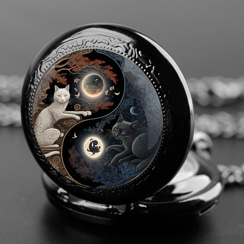 Czarny kot i biały wzór kota kwarcowy zegarek kieszonkowy dla kobiet zegarek unikatowy wisiorek naszyjnik dla dzieci biżuteria prezenty