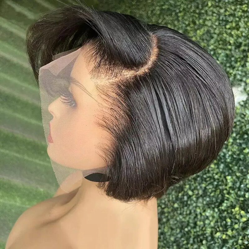 FORELSKET-Peluca de cabello humano liso para mujer, postizo de encaje transparente con corte Pixie, pelo brasileño predespuntado 100%