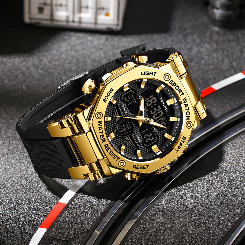 2024 nowy luksusowy zegarek kwarcowy z podwójnym wyświetlaczem dla mężczyzn sportowy chronograf Top marki FOXBOX LED wodoodporny zegar z meli LIGE