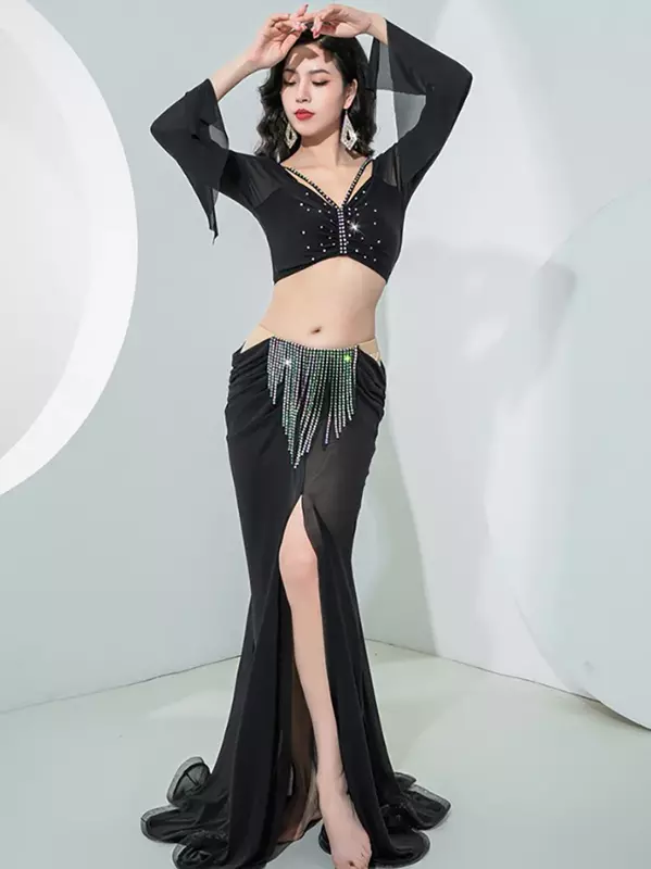 Женский костюм для танца живота, оригинальный костюм из двух предметов, сетчатая искусственная кожа, роскошная тренировочная цепочка, клубный костюм для выступления на сцене