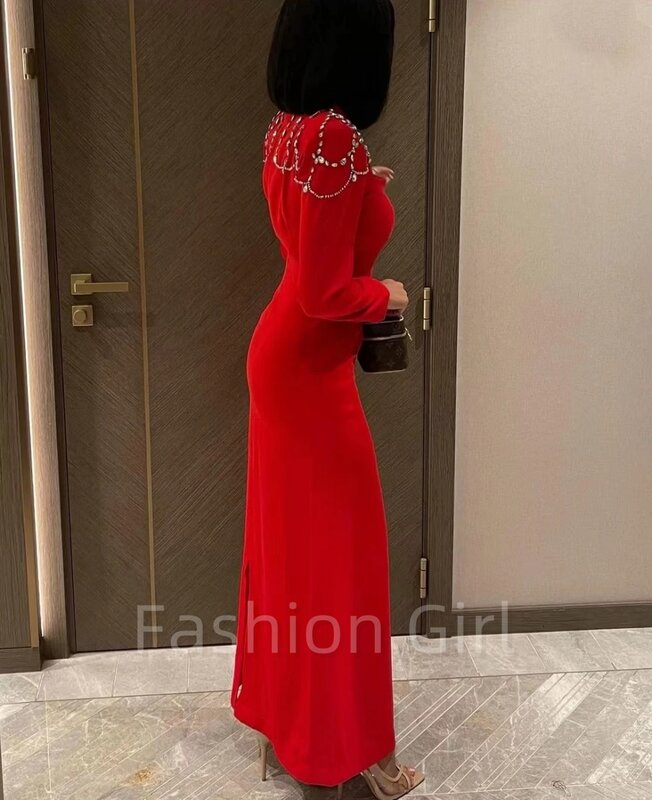 New Style Elegant Square Neck Crystal Prom Dresses Long Sleeves Back Split Arabia Evening Dresses Formal Occasion Party Gown