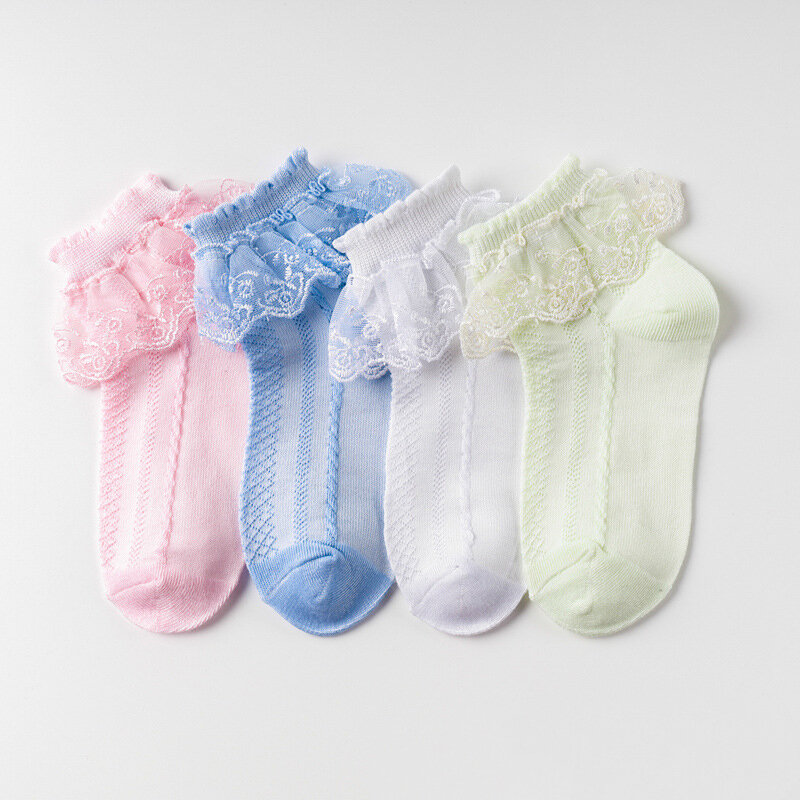 通気性のある綿のベビーソックス,フリル付き,プリンセス,子供用,足首までの短い靴下,白,ピンク,黄色