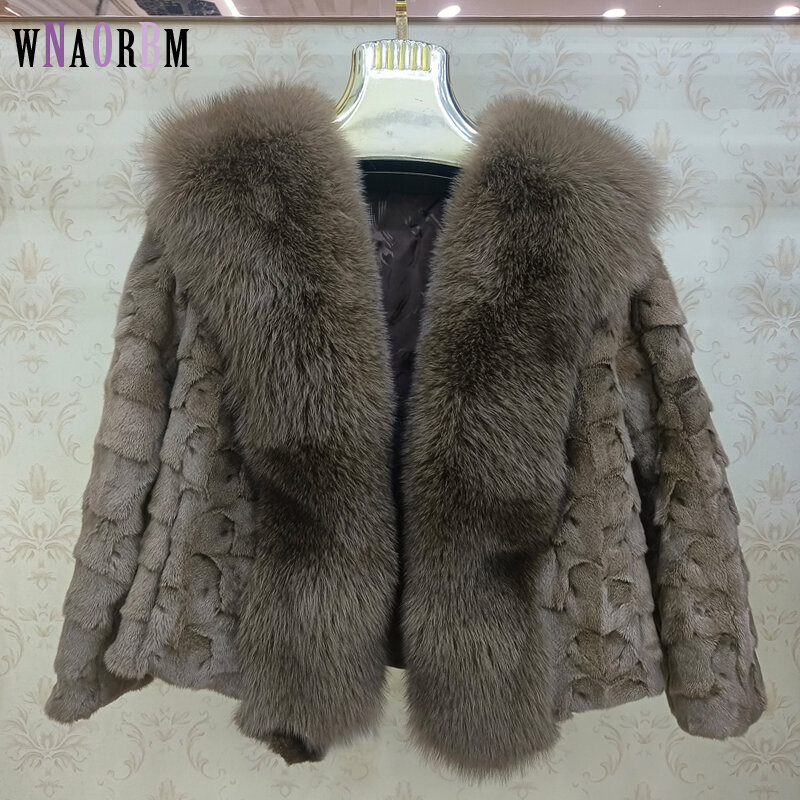 Winter women's short 100% real mink coat fox fur collar natural fur fashion short fur fur coat Mink fur material splicing