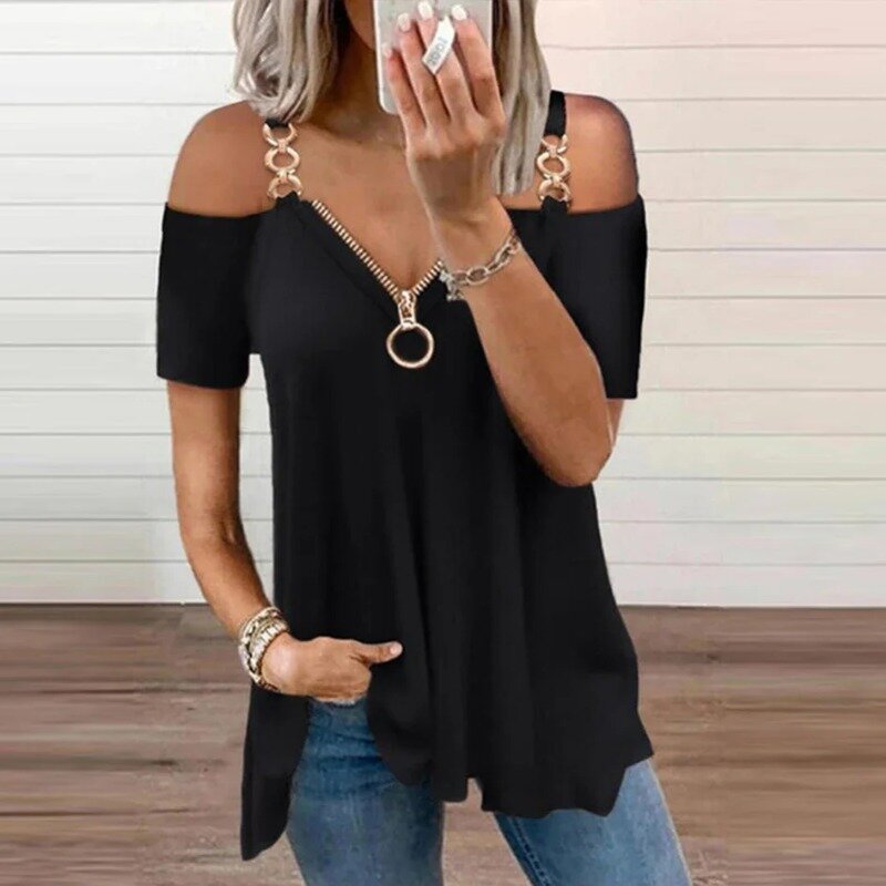 Sexy Suspender Short Sleeve V-Neck Women Clothes Fashion Chain Strap Off Shoulder Slim Zipper Pullover Casual Y2K Female T-shirt