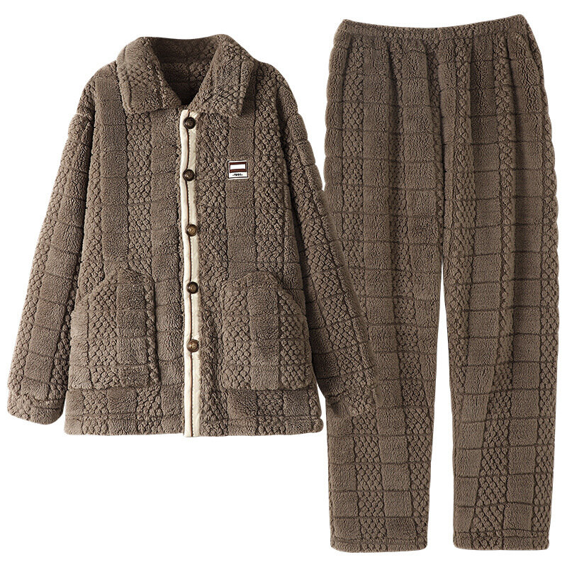 Jesienno-zimowa męska pogrubiona piżama na suwak modna jednolity kolor, długi rękaw kardigan wygodny aksamitny ciepły zestaw odzieży domowej