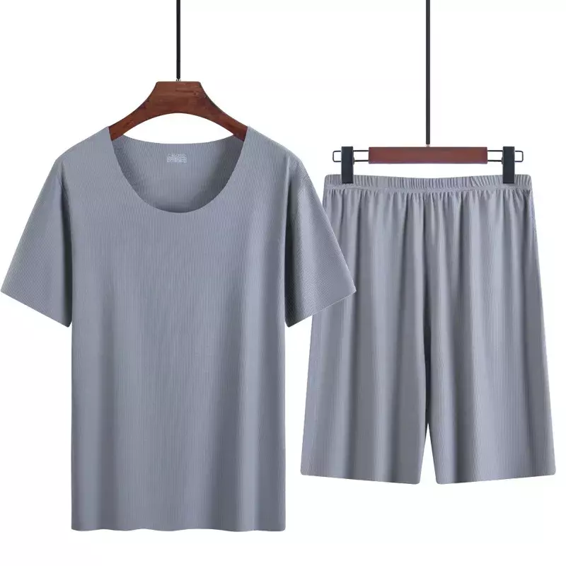 Pyjama deux pièces en soie glacée pour hommes Pyjama d'été à manches courtes en modal mince Homewear Pyjama de grande taille pour hommes Homewear