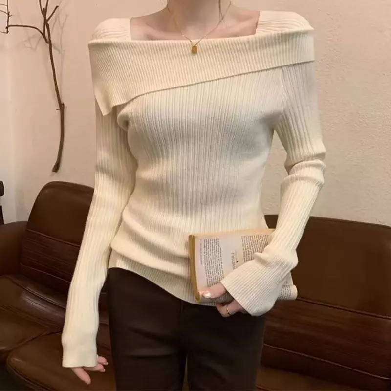 Женский трикотажный пуловер NMZM, облегающий свитер с длинным рукавом и диагональным вырезом, вязаный свитер с открытыми плечами для офиса, Осень-зима