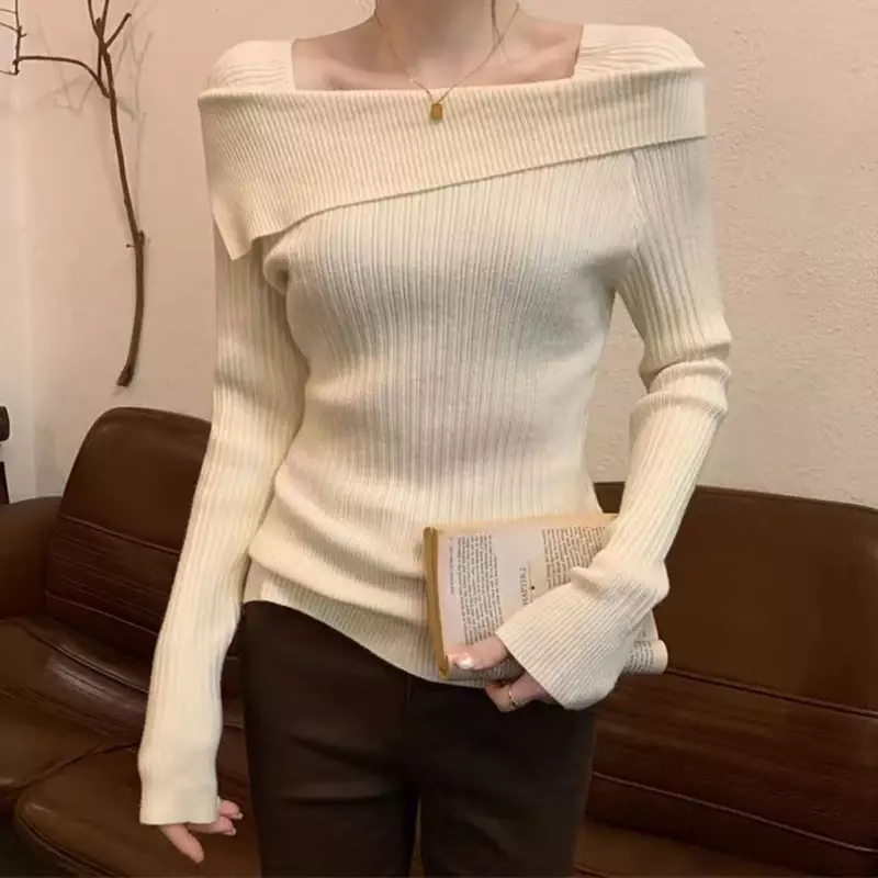 NMZM Autumn and Winter Women's Diagonal Neck Long Sleeve Slim Fit Knitted Pullover Off Shoulder Knitted Sweater Women's Office S