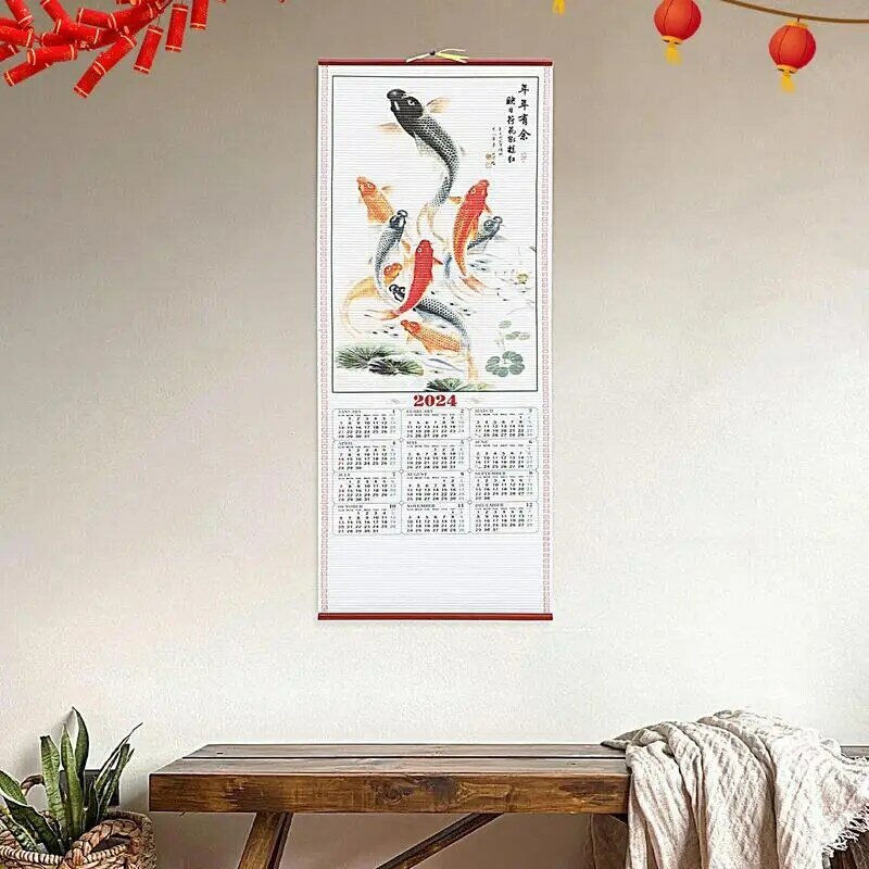 Kalender naga dinding zodiak Cina kalender gulung 2024 zodiak Cina 2024 kalender bulan rotan imitasi lukisan kertas