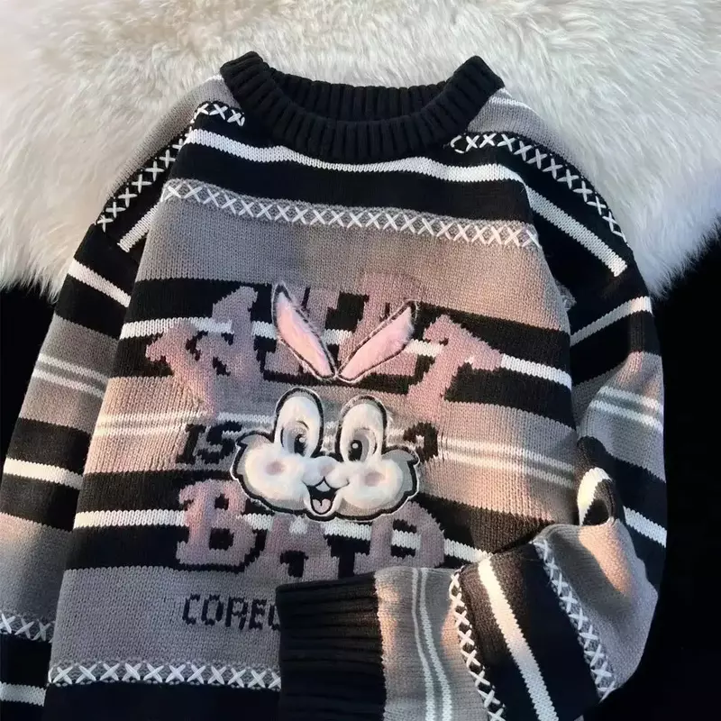 Suéter de punto a rayas de conejo japonés para mujer, ropa exterior suelta, chaqueta de estilo perezoso, sudaderas con capucha de anime, Otoño e Invierno