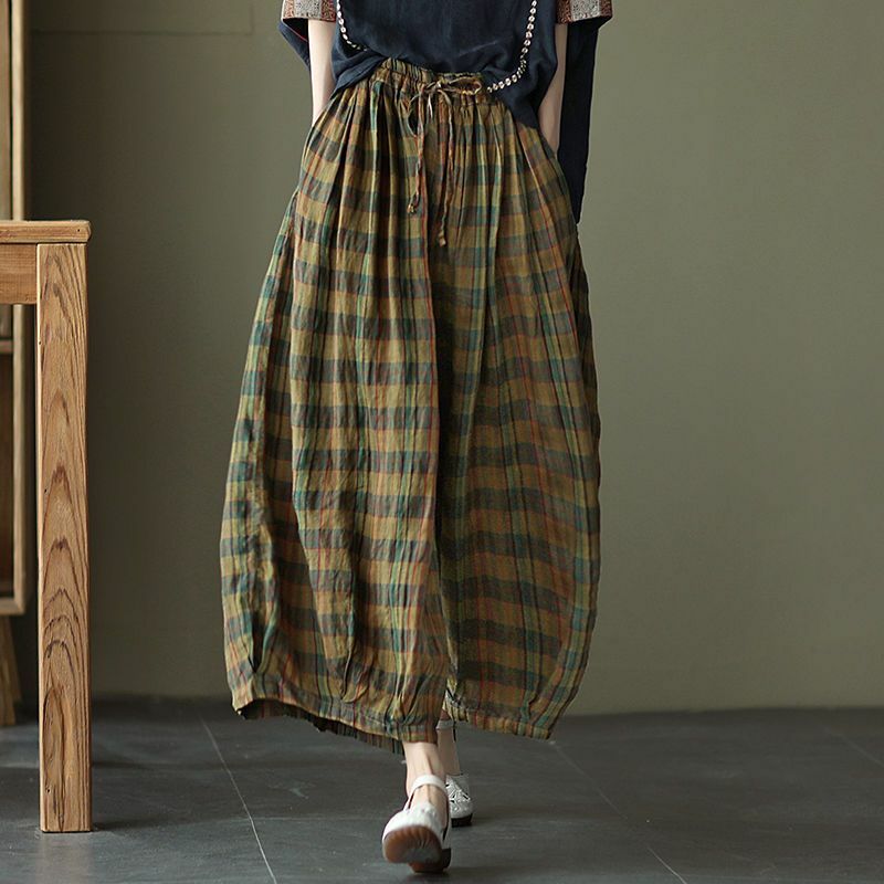 Celana Panjang Kolor แฟชั่นย้อนยุคของผู้หญิงพิมพ์ลายสก๊อตสำหรับผู้หญิงคร็อปแพนท์ลำลองขากว้างแบบยืดได้สำหรับฤดูร้อน