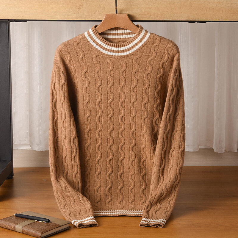 Suéter de malha solto de manga comprida masculino, gola redonda, flor torcida grossa, 100 lã pura, meia altura, nova moda, outono e inverno