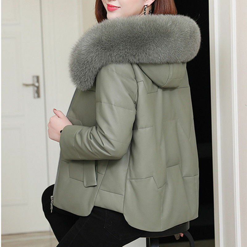 여성용 짧은 PU 가죽 재킷, 여성 패션 후드 모조 모피 칼라 파카, 두껍고 따뜻한 면 아우터, 2023 겨울 신상