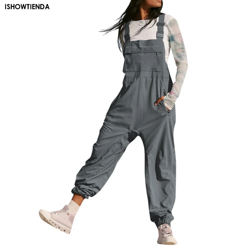 Women's Sleeveless Overalls Jumpsuit Casual Loose Adjustable Straps Bib Long Pant Jumpsuits With Pockets Adjustable Straps Bib L
