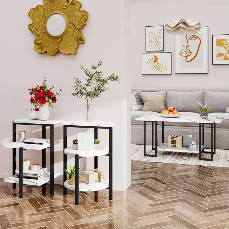 Кофейный столик и 2 боковых столика, столешница из искусственного мрамора и металлическая рама, наборы из 3 предметов, для гостиной и квартиры