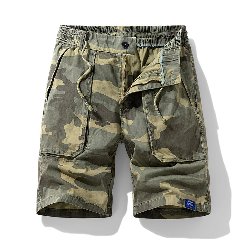Sports Camouflage Printed Casual Shorts Summer Straight Basic Men's Clothing Elastic Safari Style Stylish Drawstring Knee Pants