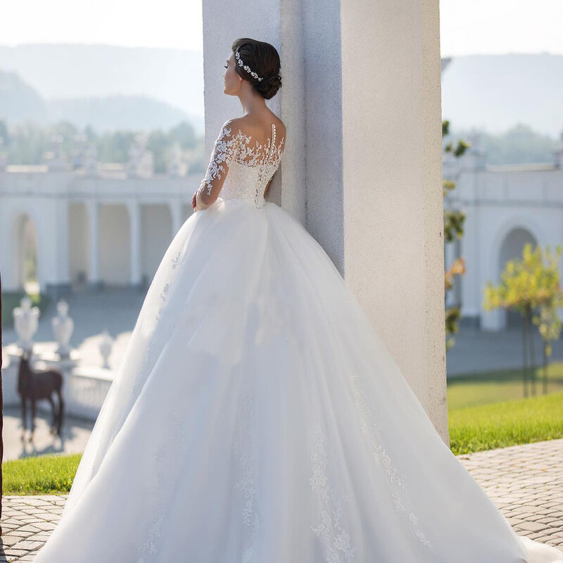 Luxus flauschige Brautkleider für Frauen 2023 O-Ausschnitt halbe Ärmel Spitze Applikationen elegantes Brautkleid Vestidos de Novia