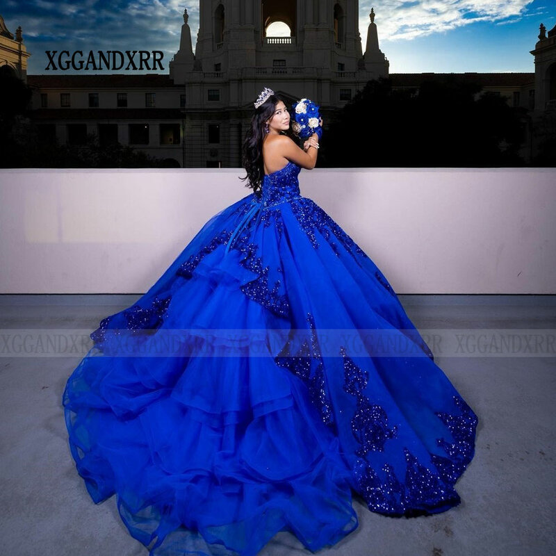 Abito da ballo blu abito Quinceanera 2024 abito lungo da principessa con volant in Tulle abiti da 15 asenos festa di compleanno dolce 16 vestito 2023