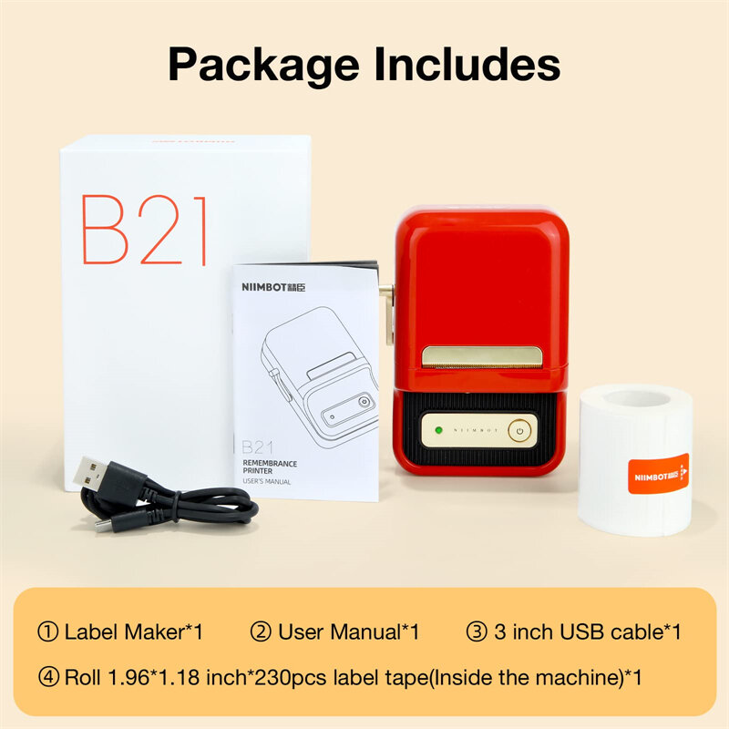 NiiMbot B21 Printer Barcode, pembuat Label termal nirkabel Bluetooth saku portabel untuk rumah kantor komersial