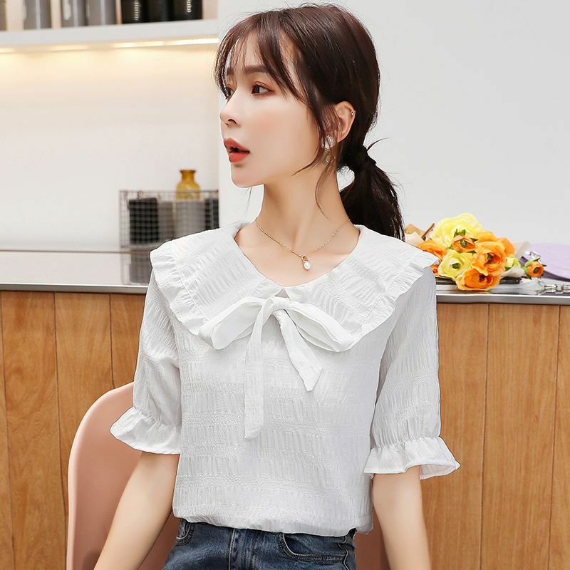 Summer New Sweet Bow Patchwork Loose Pleated Shirt Tops Short Sleeve Solid Color All-match Blouse Elegant Fashion Women Clothing