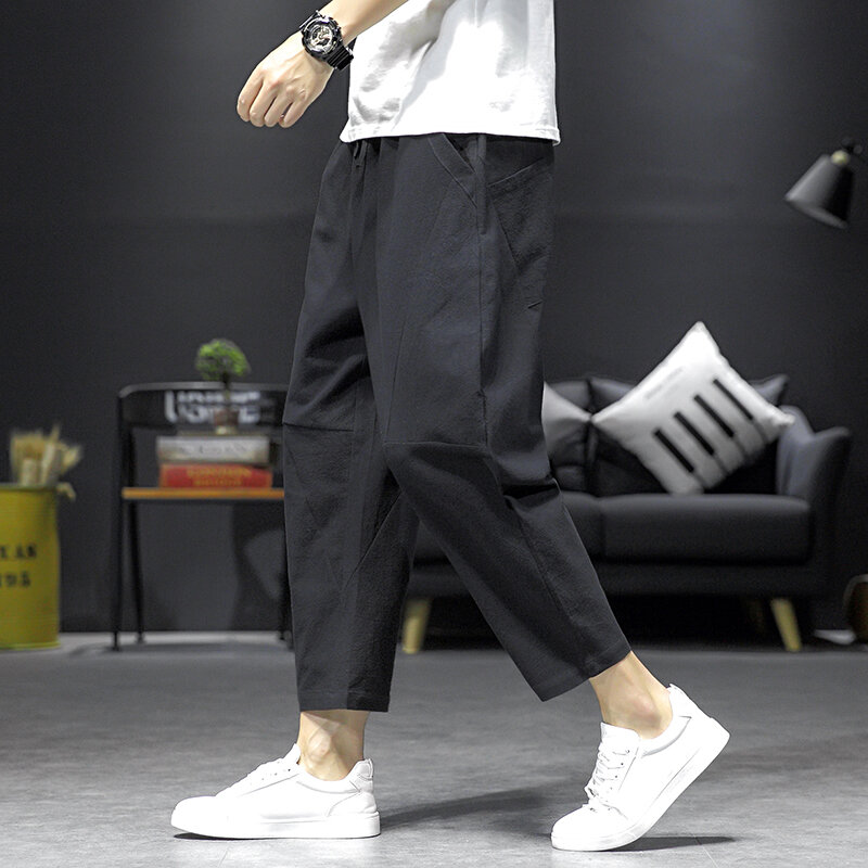 Celana panjang crop katun Linen pria, Bawahan kasual trendi Jepang longgar musim panas
