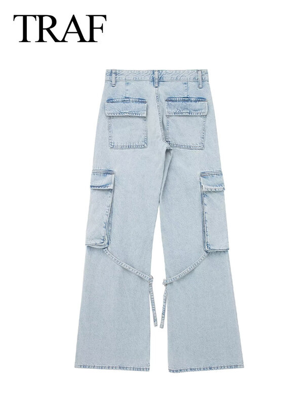 TRAF-Jeans largos femininos casuais com renda para cima com bolso, calças retas soltas, calças femininas, senhora, escritório, nova moda, 2023