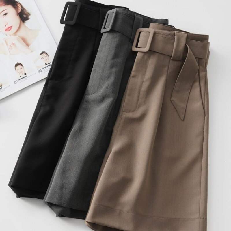 Pantalones de un solo color caqui para mujer, pantalón corto informal de cintura alta, ajustado y recto, estilo fino, novedad