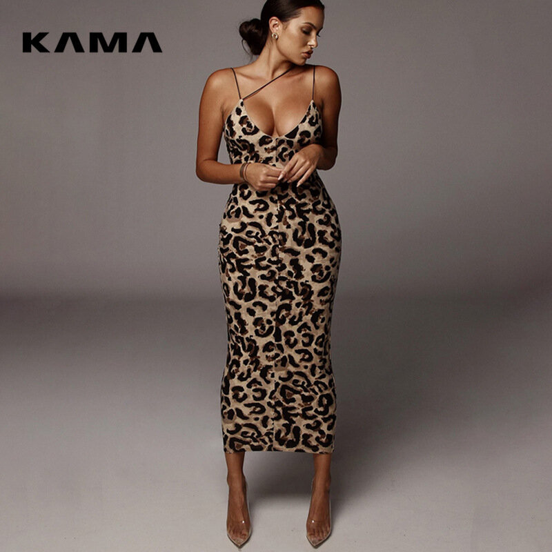 KAMA-Vestido feminino com estampa leopardo sem mangas com decote em v Midi, streetwear sexy, moda primavera