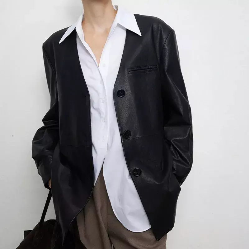 Jaquetas pretas de couro real casacos de lapela de manga comprida camisas de rua casuais tops de moda outono 2024