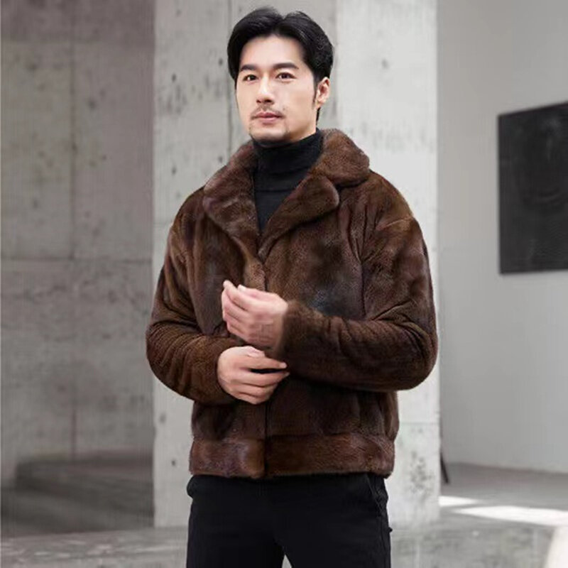 Casaco de pele de vison real para homens, colarinho curto de luxo, jaqueta de pele de vison importada, mangas compridas marrom escuro, pode ser personalizada, 2023