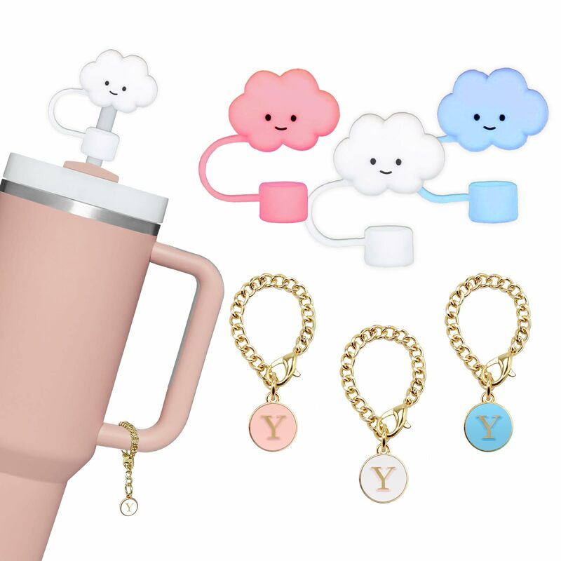 6PCS 10mm Cloud Shape Straw cover Cap& Name ID Letter Handle Charm，Dust-Proof Silicone Straw Tops Compatible with Stanley