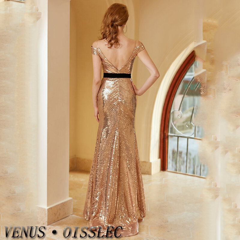 Gaun malam leher V VENUS untuk wanita, gaun Formal payet putri duyung, gaun pesta seksi 2024 bahu terbuka