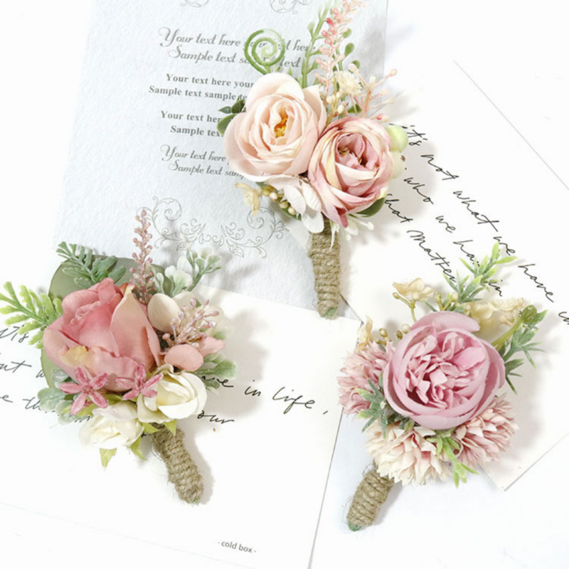 Boutonnières artificielles rose poussiéreux pour marié, épingles de mariage, fleurs de corsage, broche de poignet, accessoires de décoration pour patients
