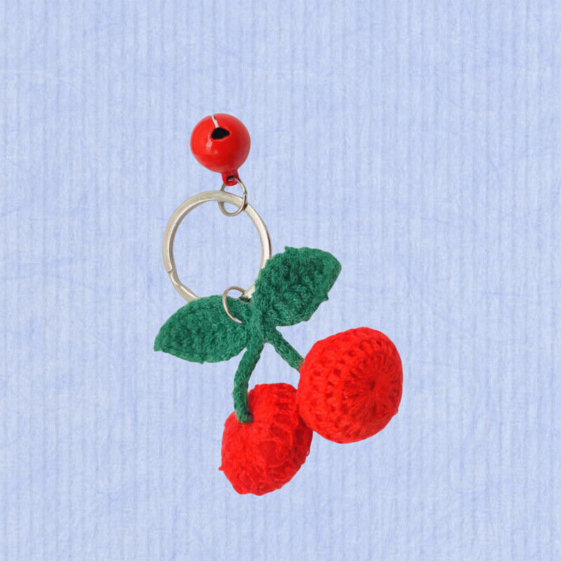 Crochet cereja Cartoon frutas chaveiro, Handmade malha flor chaveiro, acessórios pingente