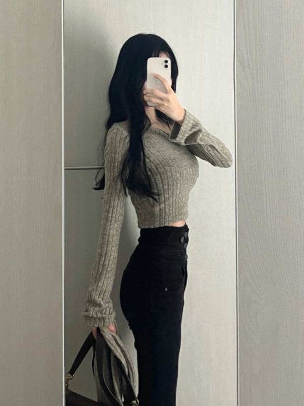 Женские пуловеры, элегантные облегающие винтажные осенние простые нежные повседневные подходящие ко всему трикотажные хипстерские пуловеры с длинным рукавом в Корейском стиле