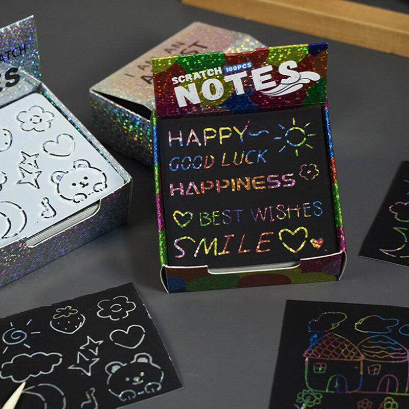100 Pcs Scratch Art Children's Handmade DIY Children Note Paper Primary School Students Coloring Book Graffiti Message Scrafts
