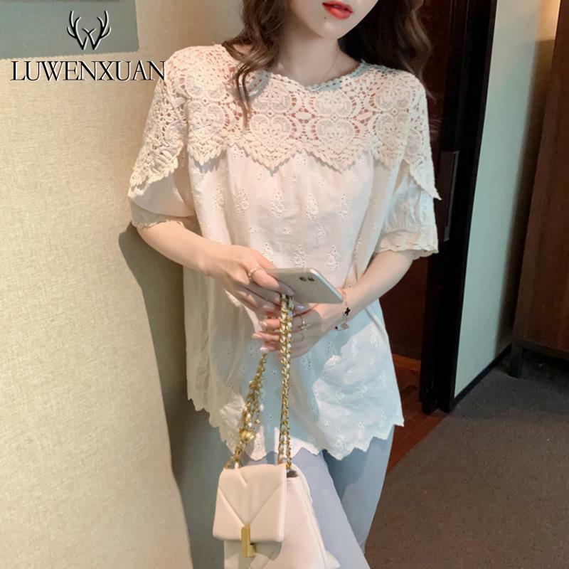 Blouse Women   Fashion  Summer  Lace  Floral  Short  Sleeve  Patchwork     Loose   Casual
