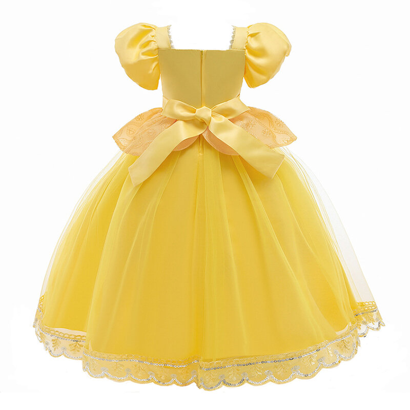 Cosplay Belle Princess vestido de baile para crianças, saia inchada de malha amarela, criança Fairy Tale Clothing, Carnaval, evento, Festival Party Dress